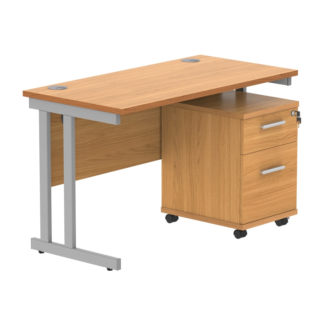 Double Upright Rectangular Desk + 2 Drawer Mobile Under Desk Pedestal (FSC) | 1200X600 | Norwegian Beech/Silver