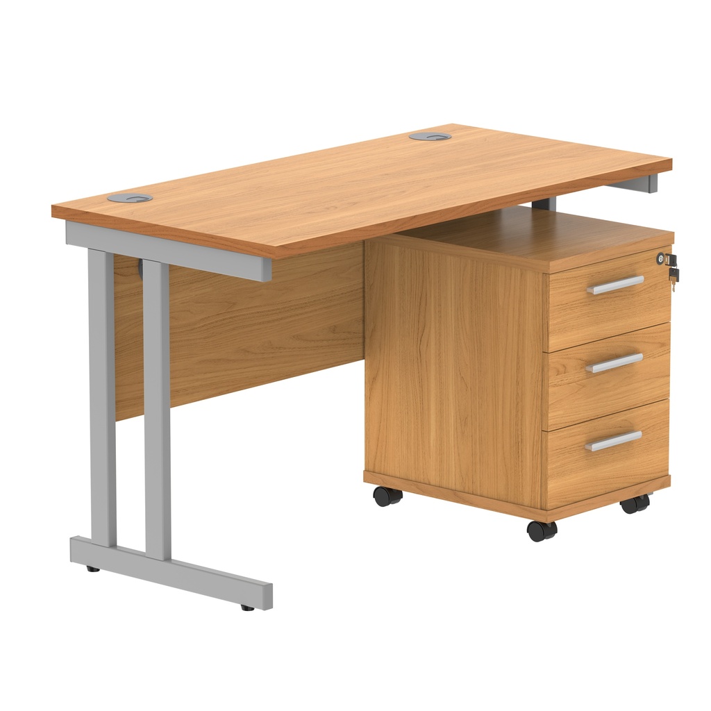 Double Upright Rectangular Desk + 3 Drawer Mobile Under Desk Pedestal (FSC) | 1200X600 | Norwegian Beech/Silver