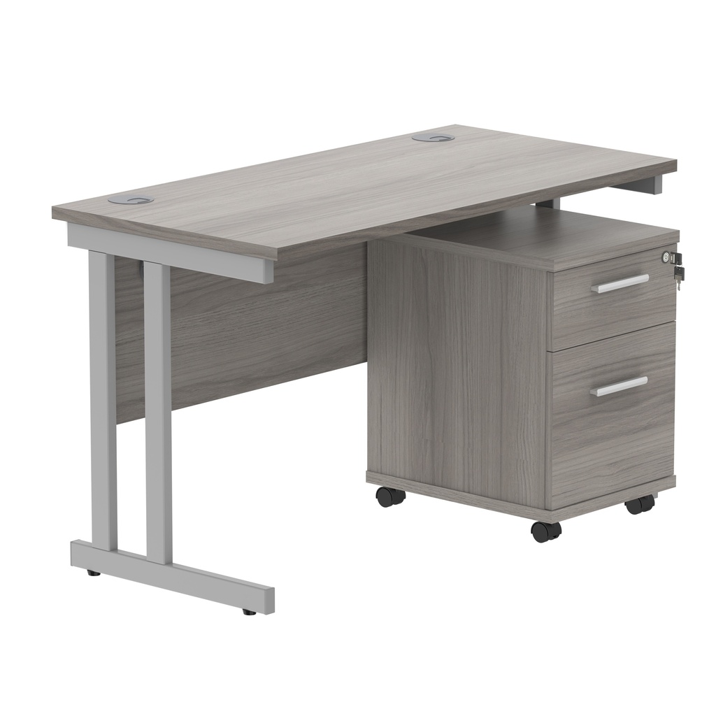 Double Upright Rectangular Desk + 2 Drawer Mobile Under Desk Pedestal (FSC) | 1200X600 | Alaskan Grey Oak/Silver