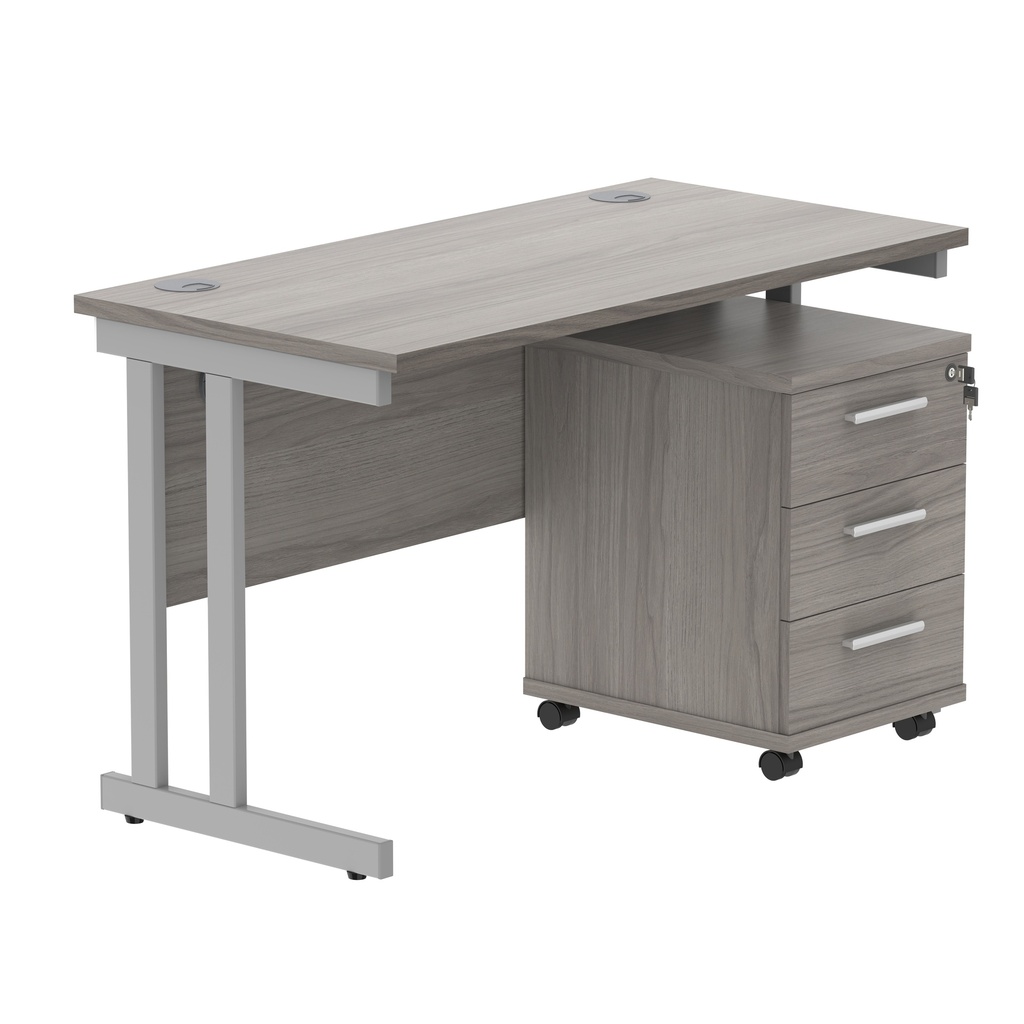 Double Upright Rectangular Desk + 3 Drawer Mobile Under Desk Pedestal (FSC) | 1200X600 | Alaskan Grey Oak/Silver