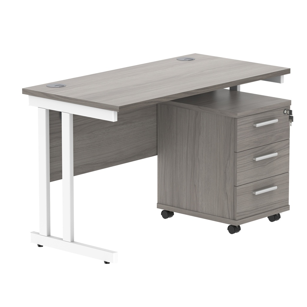 Double Upright Rectangular Desk + 3 Drawer Mobile Under Desk Pedestal (FSC) | 1200X600 | Alaskan Grey Oak/White