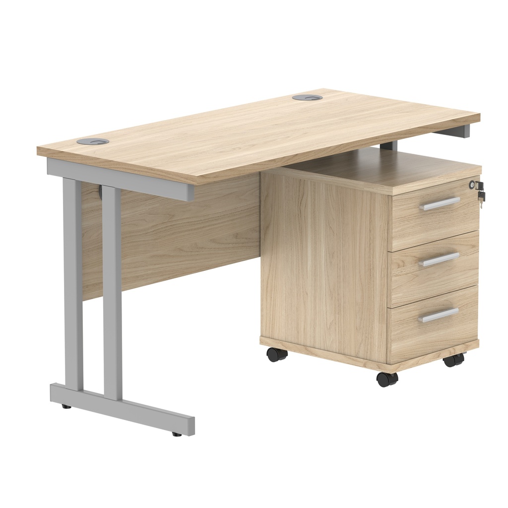 Double Upright Rectangular Desk + 3 Drawer Mobile Under Desk Pedestal (FSC) | 1200X600 | Canadian Oak/Silver