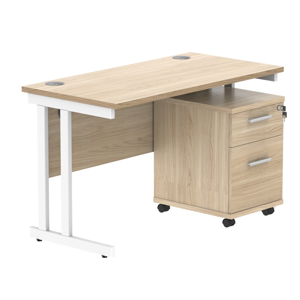 Double Upright Rectangular Desk + 2 Drawer Mobile Under Desk Pedestal (FSC) | 1200X600 | Canadian Oak/White