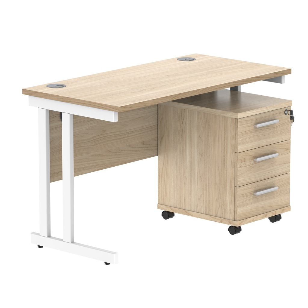 Double Upright Rectangular Desk + 3 Drawer Mobile Under Desk Pedestal (FSC) | 1200X600 | Canadian Oak/White