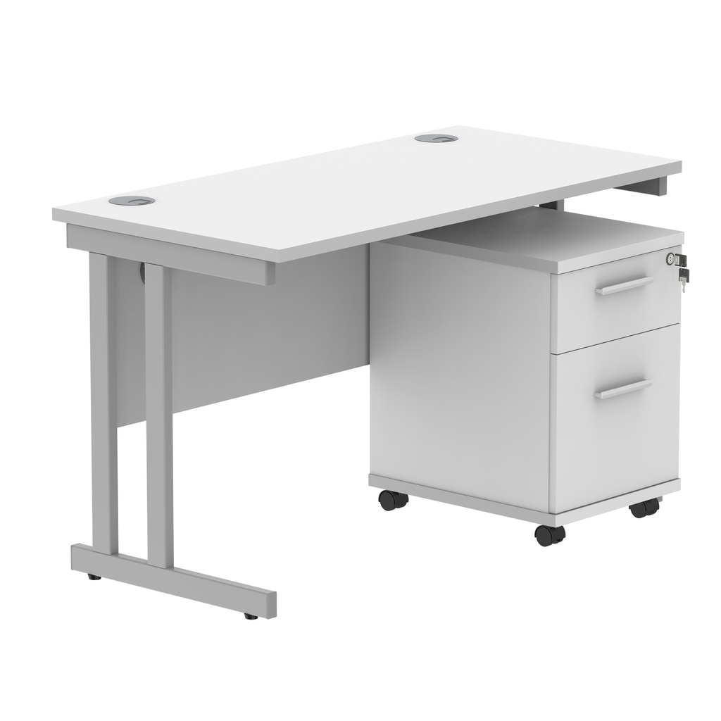 Double Upright Rectangular Desk + 2 Drawer Mobile Under Desk Pedestal (FSC) | 1200X600 | Arctic White/Silver