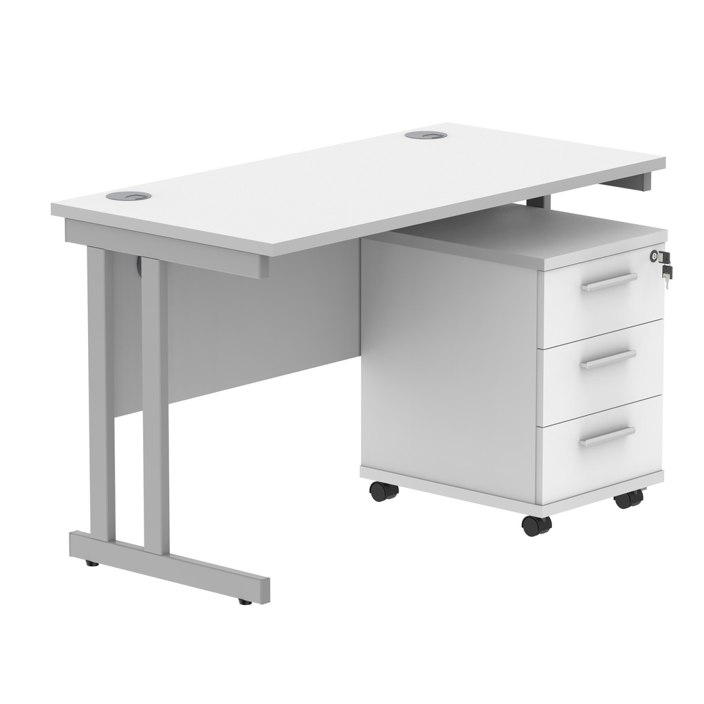 Double Upright Rectangular Desk + 3 Drawer Mobile Under Desk Pedestal (FSC) | 1200X600 | Arctic White/Silver