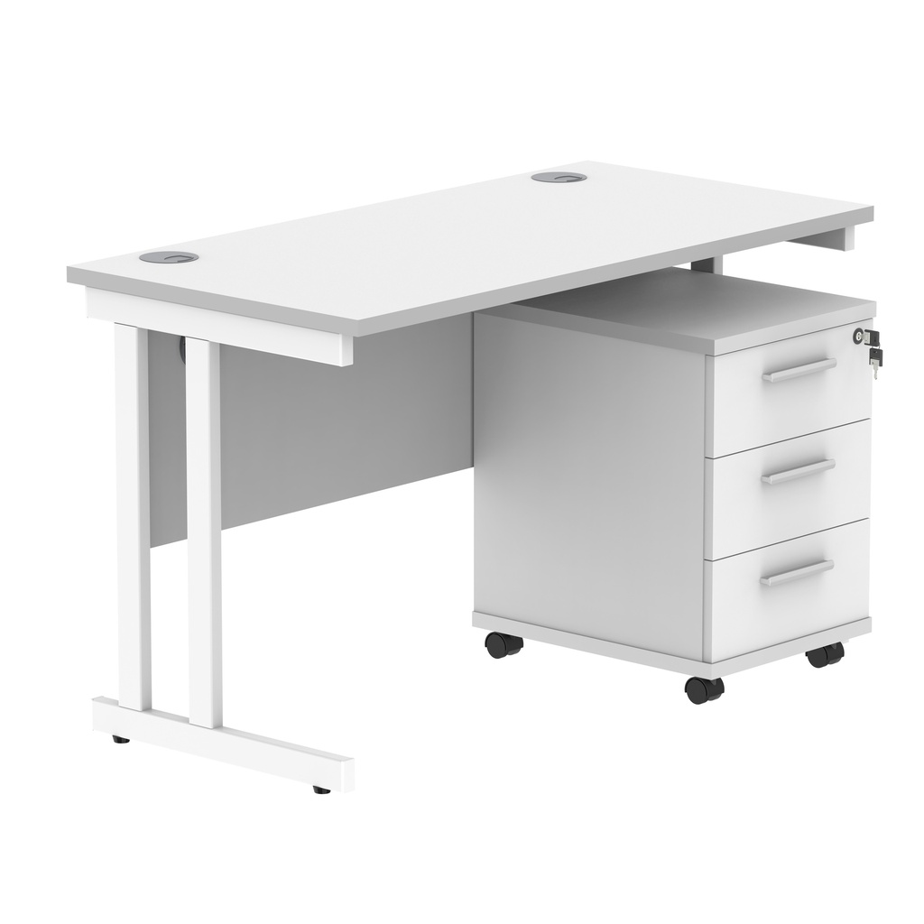 Double Upright Rectangular Desk + 3 Drawer Mobile Under Desk Pedestal (FSC) | 1200X600 | Arctic White/White