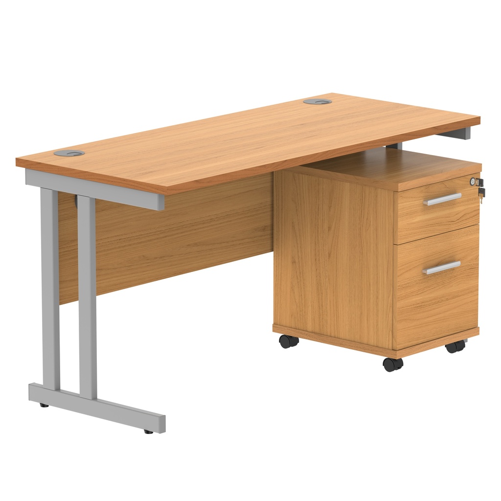 Double Upright Rectangular Desk + 2 Drawer Mobile Under Desk Pedestal (FSC) | 1400X600 | Norwegian Beech/Silver