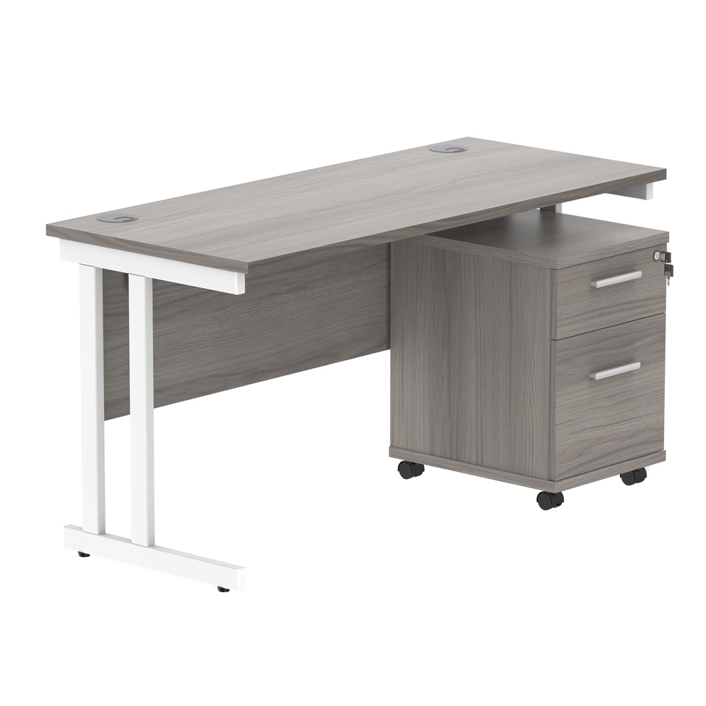 Double Upright Rectangular Desk + 2 Drawer Mobile Under Desk Pedestal (FSC) | 1400X600 | Alaskan Grey Oak/White