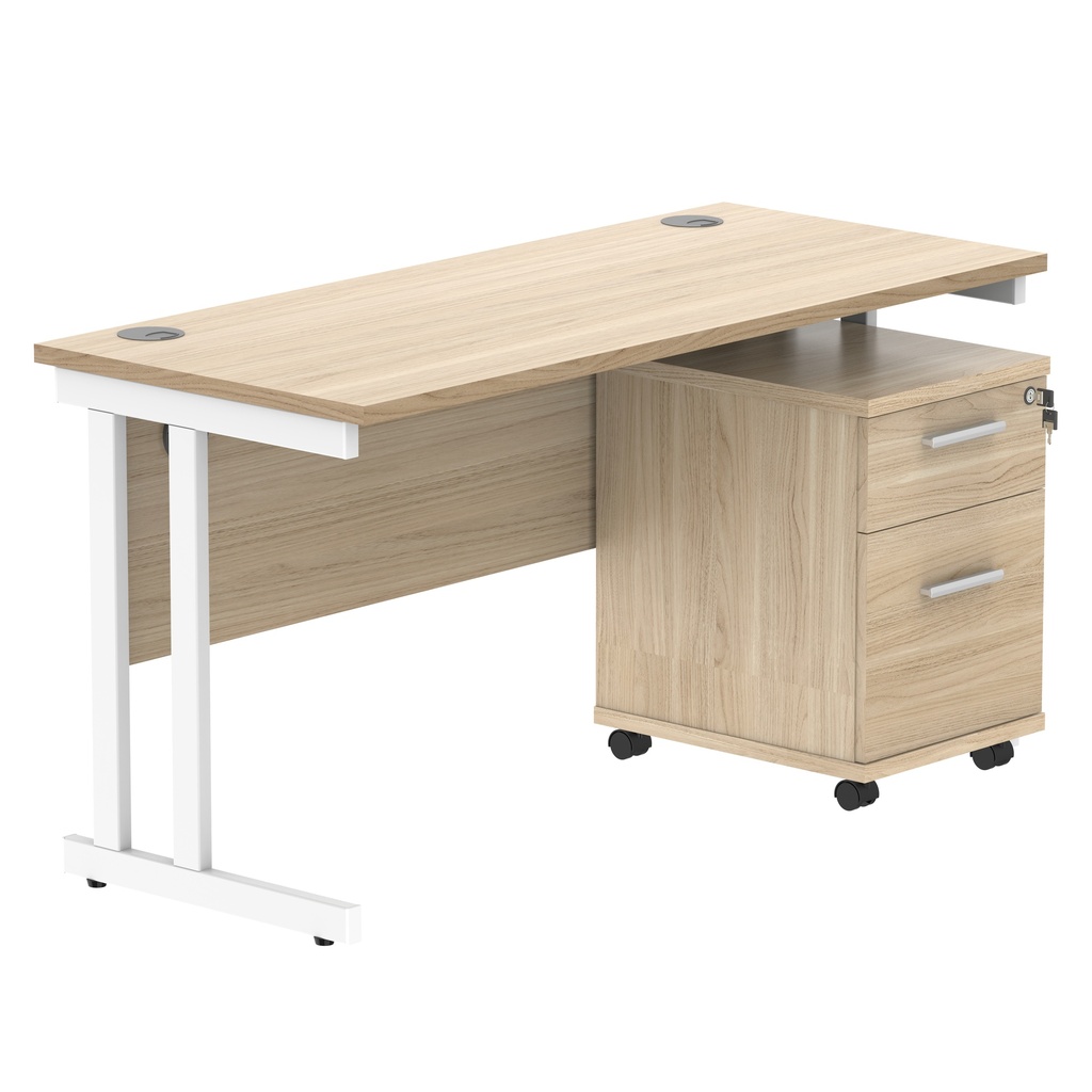 Double Upright Rectangular Desk + 2 Drawer Mobile Under Desk Pedestal (FSC) | 1400X600 | Canadian Oak/White