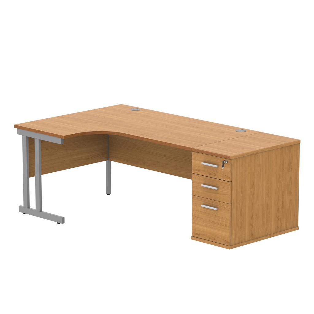 Double Upright Left Hand Radial Desk + Desk High Pedestal (FSC) | 800mm Deep Pedestal | 1600X1200 | Norwegian Beech/Silver