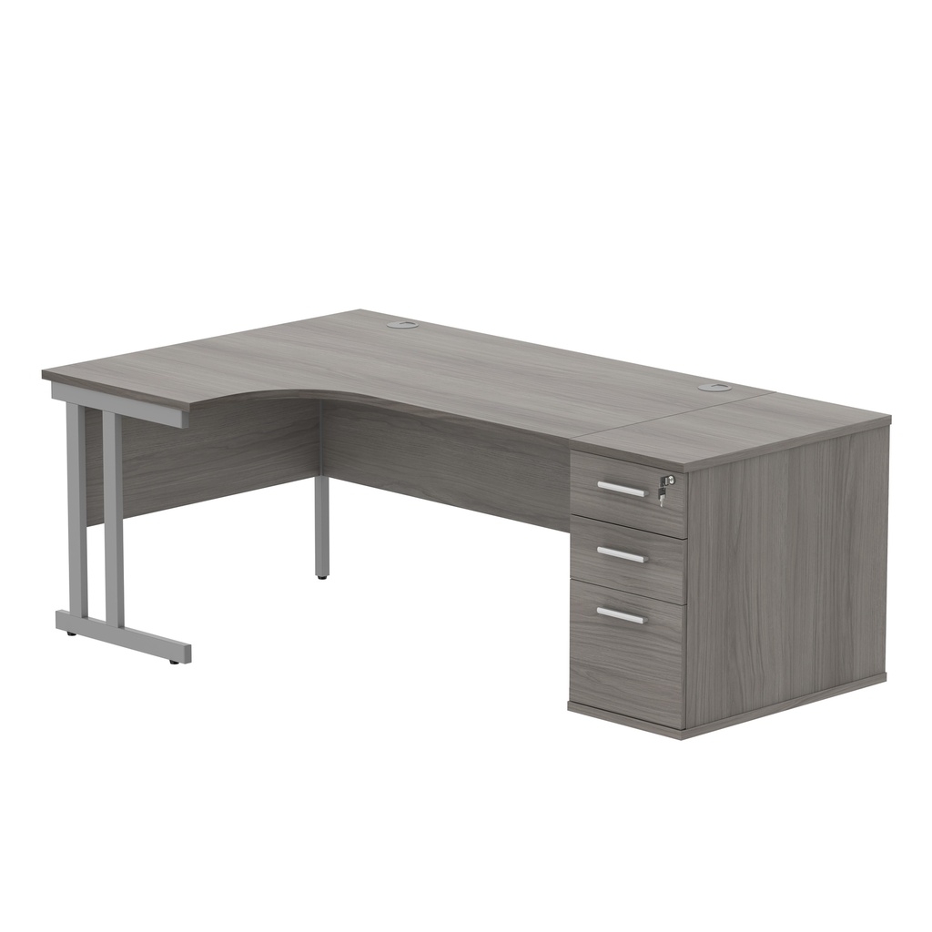 Double Upright Left Hand Radial Desk + Desk High Pedestal (FSC) | 800mm Deep Pedestal | 1600X1200 | Alaskan Grey Oak/Silver