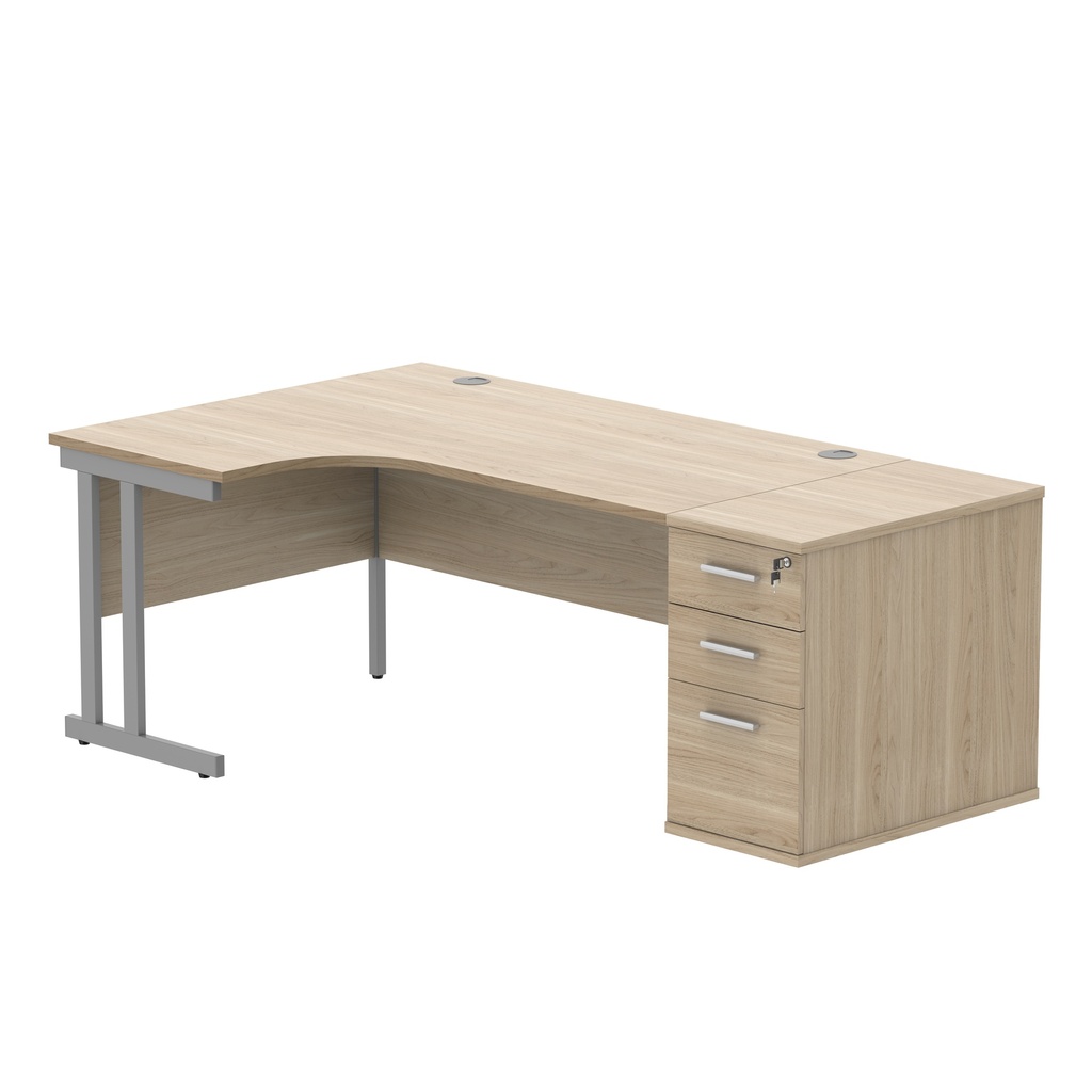 Double Upright Left Hand Radial Desk + Desk High Pedestal (FSC) | 800mm Deep Pedestal | 1600X1200 | Canadian Oak/Silver