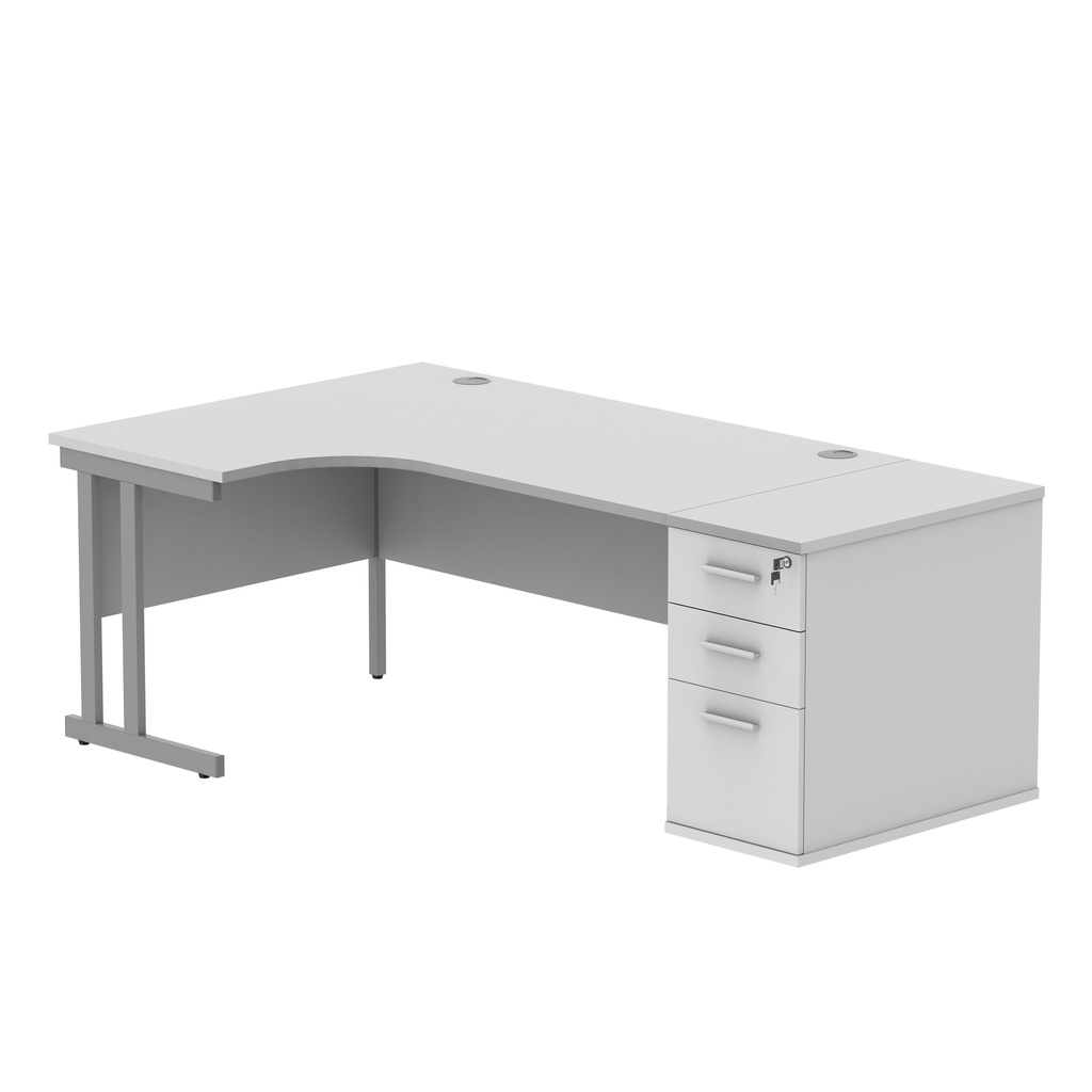 Double Upright Left Hand Radial Desk + Desk High Pedestal (FSC) | 800mm Deep Pedestal | 1600X1200 | Arctic White/Silver
