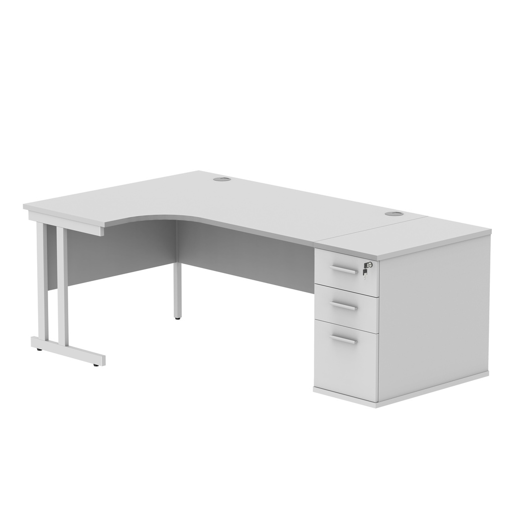 Double Upright Left Hand Radial Desk + Desk High Pedestal (FSC) | 800mm Deep Pedestal | 1600X1200 | Arctic White/White