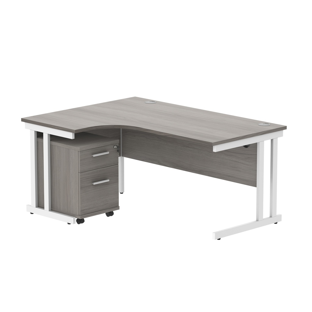 Double Upright Left Hand Radial Desk + 2 Drawer Mobile Under Desk Pedestal (FSC) | 1600X1200 | Alaskan Grey Oak/White