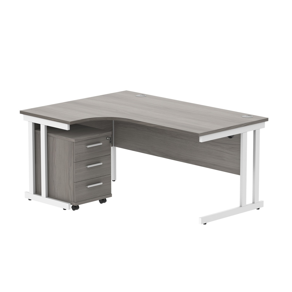 Double Upright Left Hand Radial Desk + 3 Drawer Mobile Under Desk Pedestal (FSC) | 1600X1200 | Alaskan Grey Oak/White