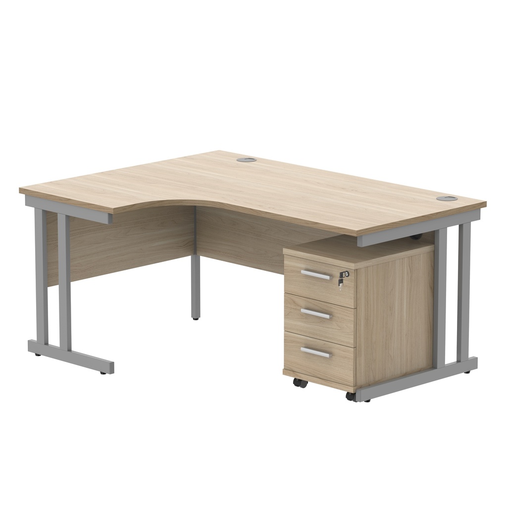 Double Upright Left Hand Radial Desk + 3 Drawer Mobile Under Desk Pedestal (FSC) | 1600X1200 | Canadian Oak/Silver
