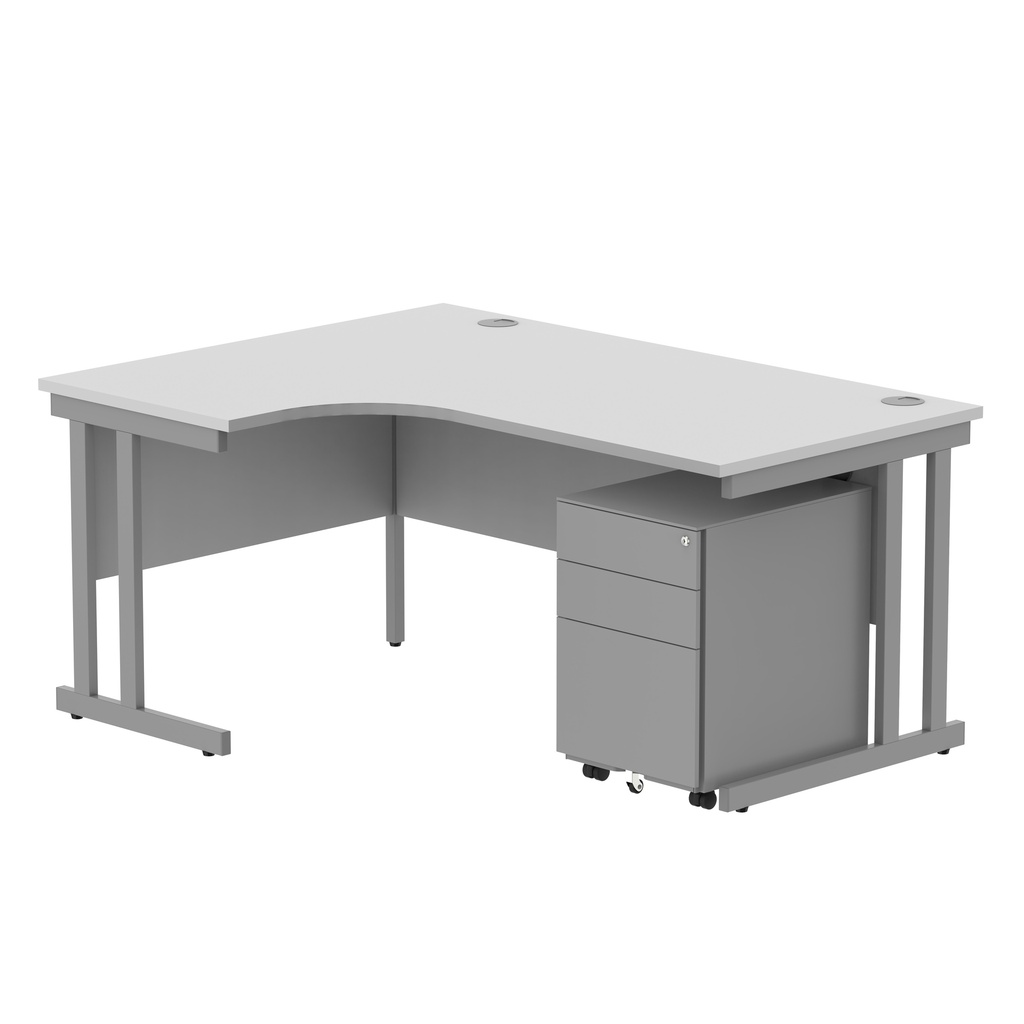 Double Upright Left Hand Radial Desk + Under Desk Steel Pedestal 3 Drawers (FSC) | 1600X1200 | Arctic White/Silver