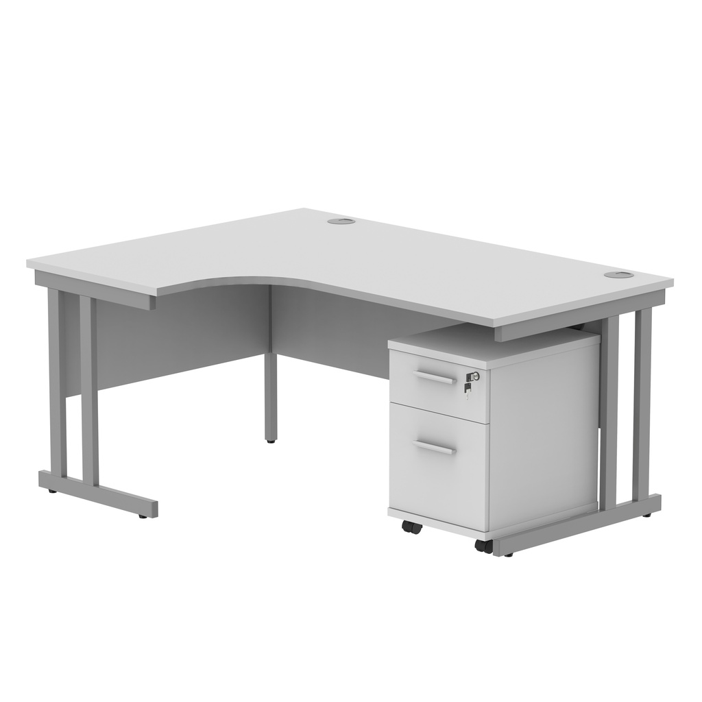 Double Upright Left Hand Radial Desk + 2 Drawer Mobile Under Desk Pedestal (FSC) | 1600X1200 | Arctic White/Silver