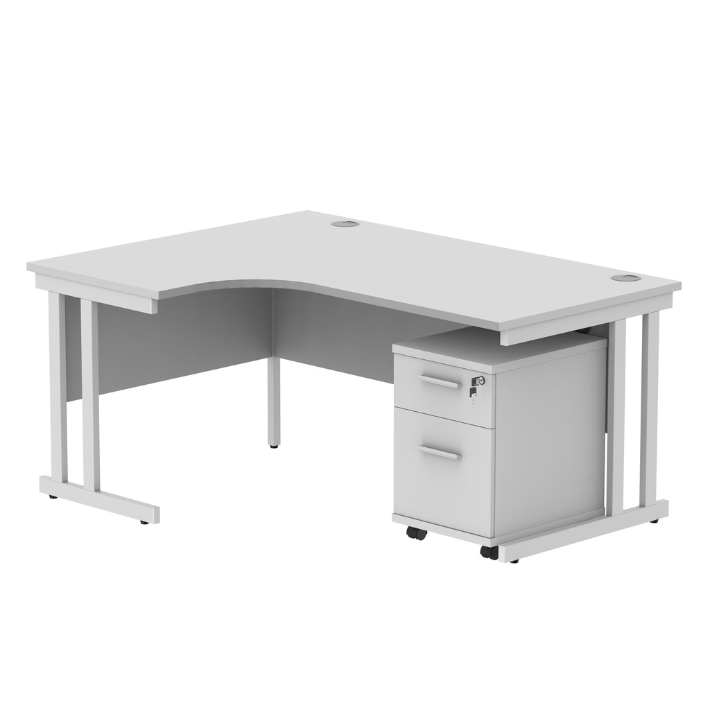Double Upright Left Hand Radial Desk + 2 Drawer Mobile Under Desk Pedestal (FSC) | 1600X1200 | Arctic White/White