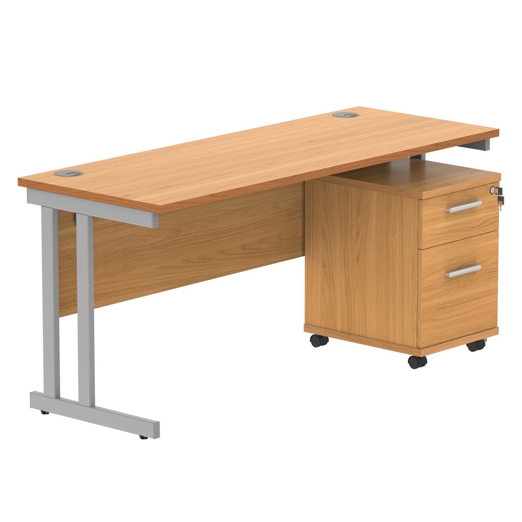 Double Upright Rectangular Desk + 2 Drawer Mobile Under Desk Pedestal (FSC) | 1600X600 | Norwegian Beech/Silver
