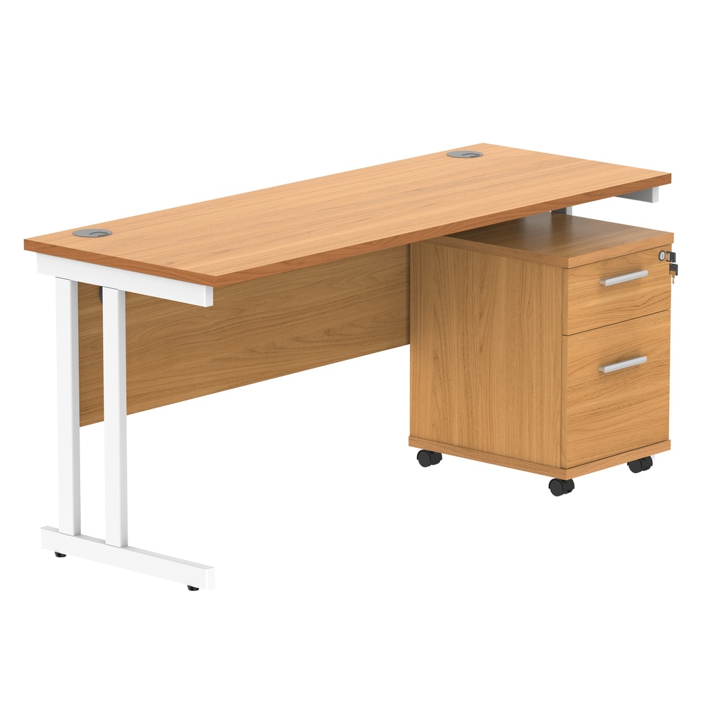 Double Upright Rectangular Desk + 2 Drawer Mobile Under Desk Pedestal (FSC) | 1600X600 | Norwegian Beech/White