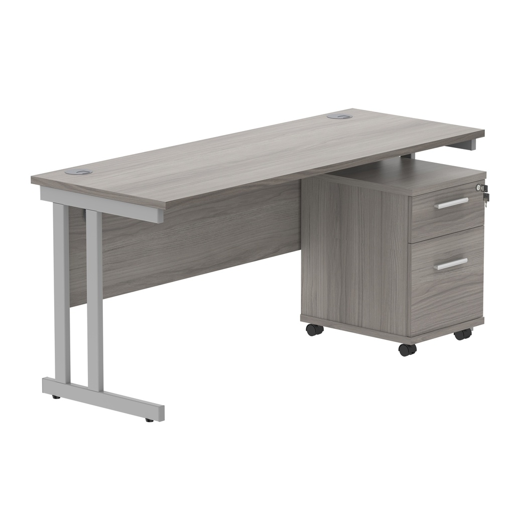 Double Upright Rectangular Desk + 2 Drawer Mobile Under Desk Pedestal (FSC) | 1600X600 | Alaskan Grey Oak/Silver