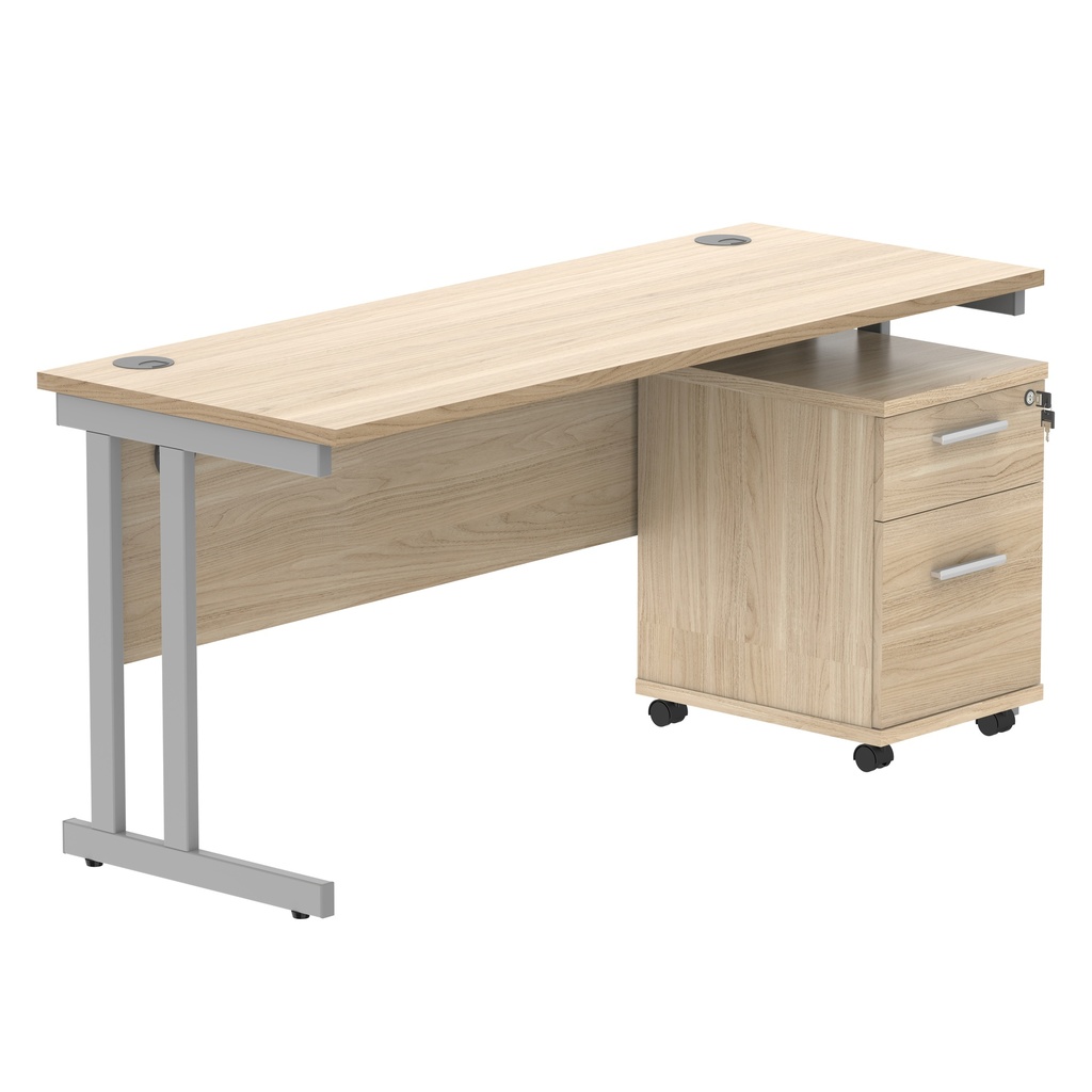 Double Upright Rectangular Desk + 2 Drawer Mobile Under Desk Pedestal (FSC) | 1600X600 | Canadian Oak/Silver