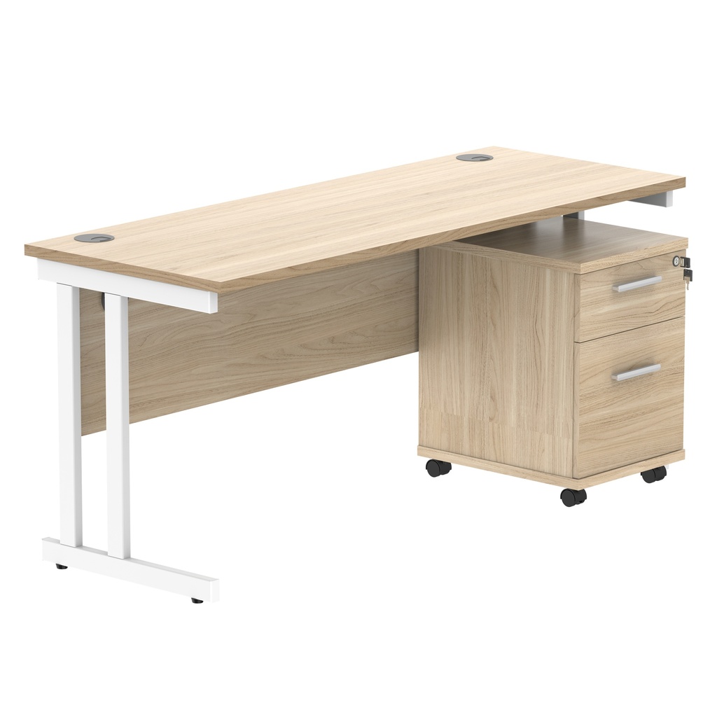 Double Upright Rectangular Desk + 2 Drawer Mobile Under Desk Pedestal (FSC) | 1600X600 | Canadian Oak/White