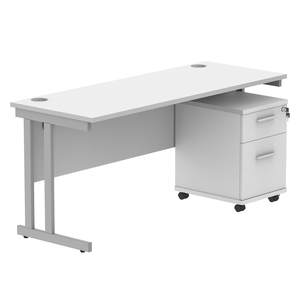 Double Upright Rectangular Desk + 2 Drawer Mobile Under Desk Pedestal (FSC) | 1600X600 | Arctic White/Silver
