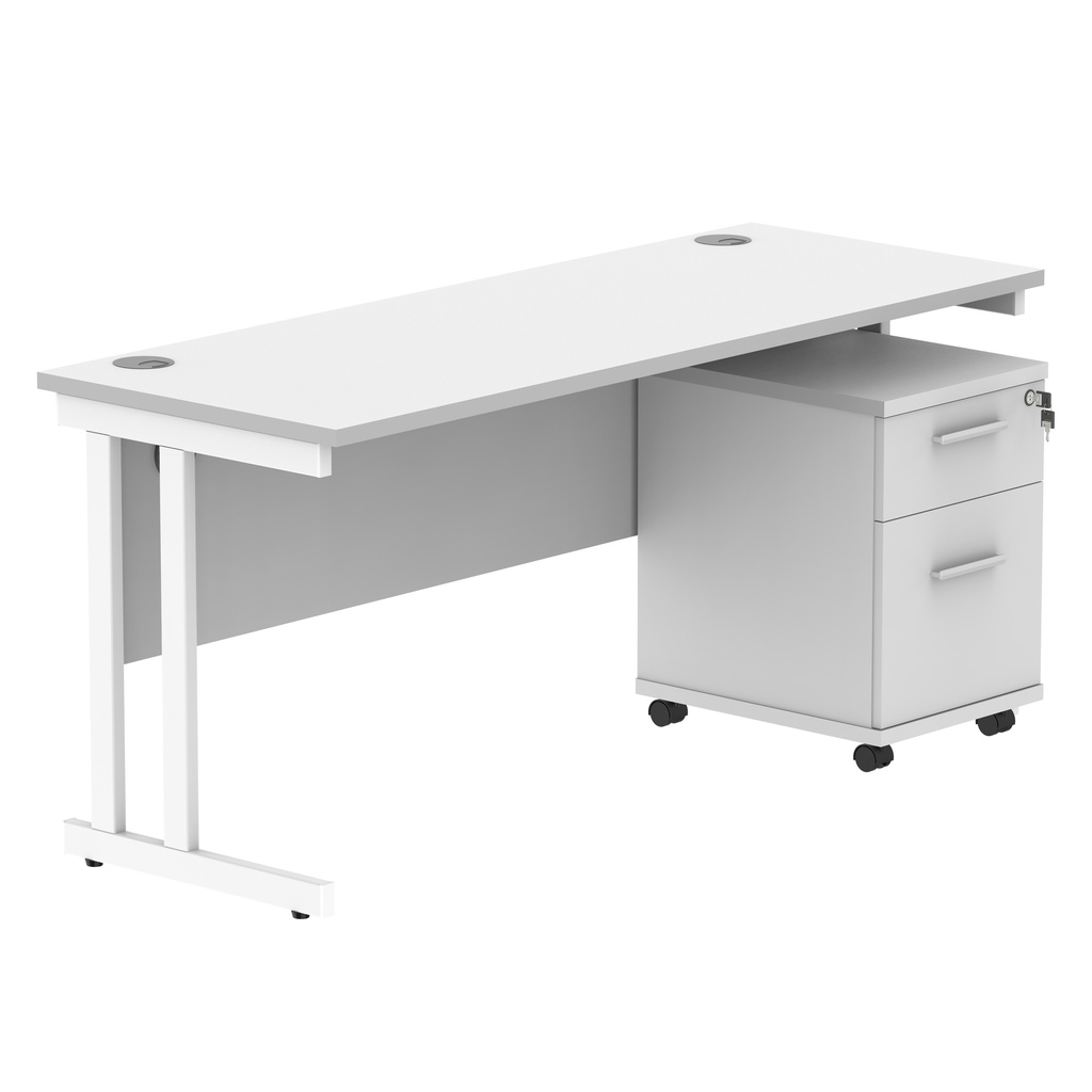 Double Upright Rectangular Desk + 2 Drawer Mobile Under Desk Pedestal (FSC) | 1600X600 | Arctic White/White