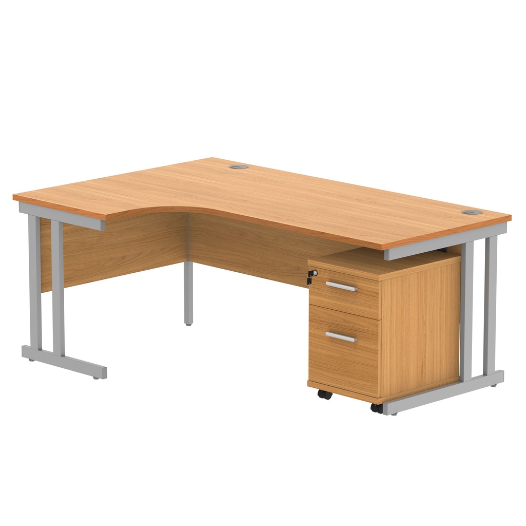 Double Upright Left Hand Radial Desk + 2 Drawer Mobile Under Desk Pedestal (FSC) | 1800X1200 | Norwegian Beech/Silver
