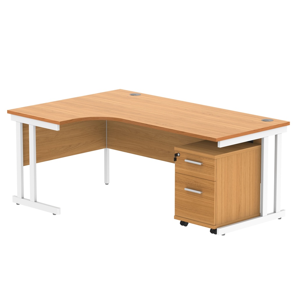 Double Upright Left Hand Radial Desk + 2 Drawer Mobile Under Desk Pedestal (FSC) | 1800X1200 | Norwegian Beech/White