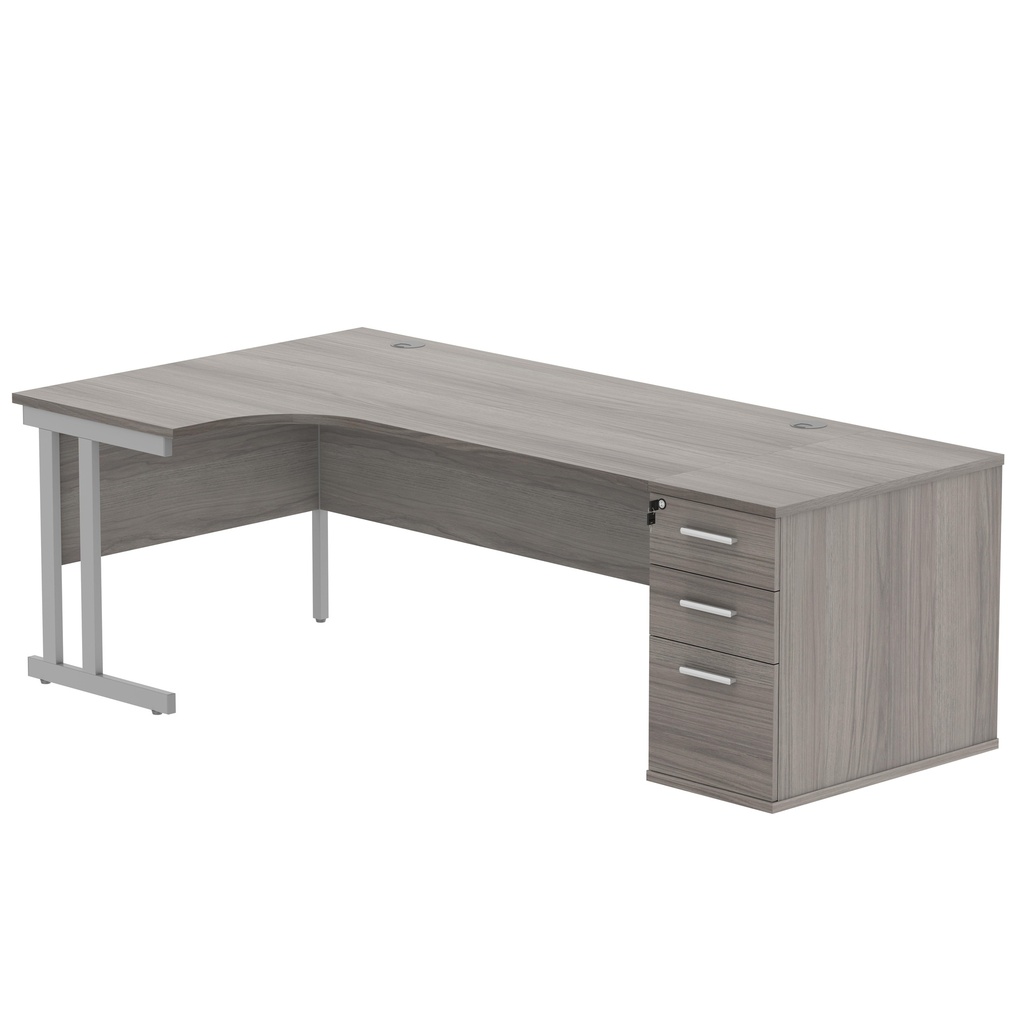 Double Upright Left Hand Radial Desk + Desk High Pedestal (FSC) | 800mm Deep Pedestal | 1800X1200 | Alaskan Grey Oak/Silver