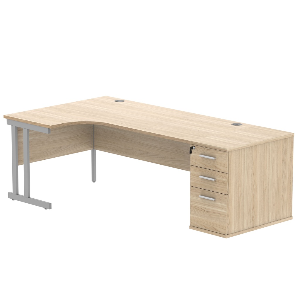 Double Upright Left Hand Radial Desk + Desk High Pedestal (FSC) | 800mm Deep Pedestal | 1800X1200 | Canadian Oak/Silver
