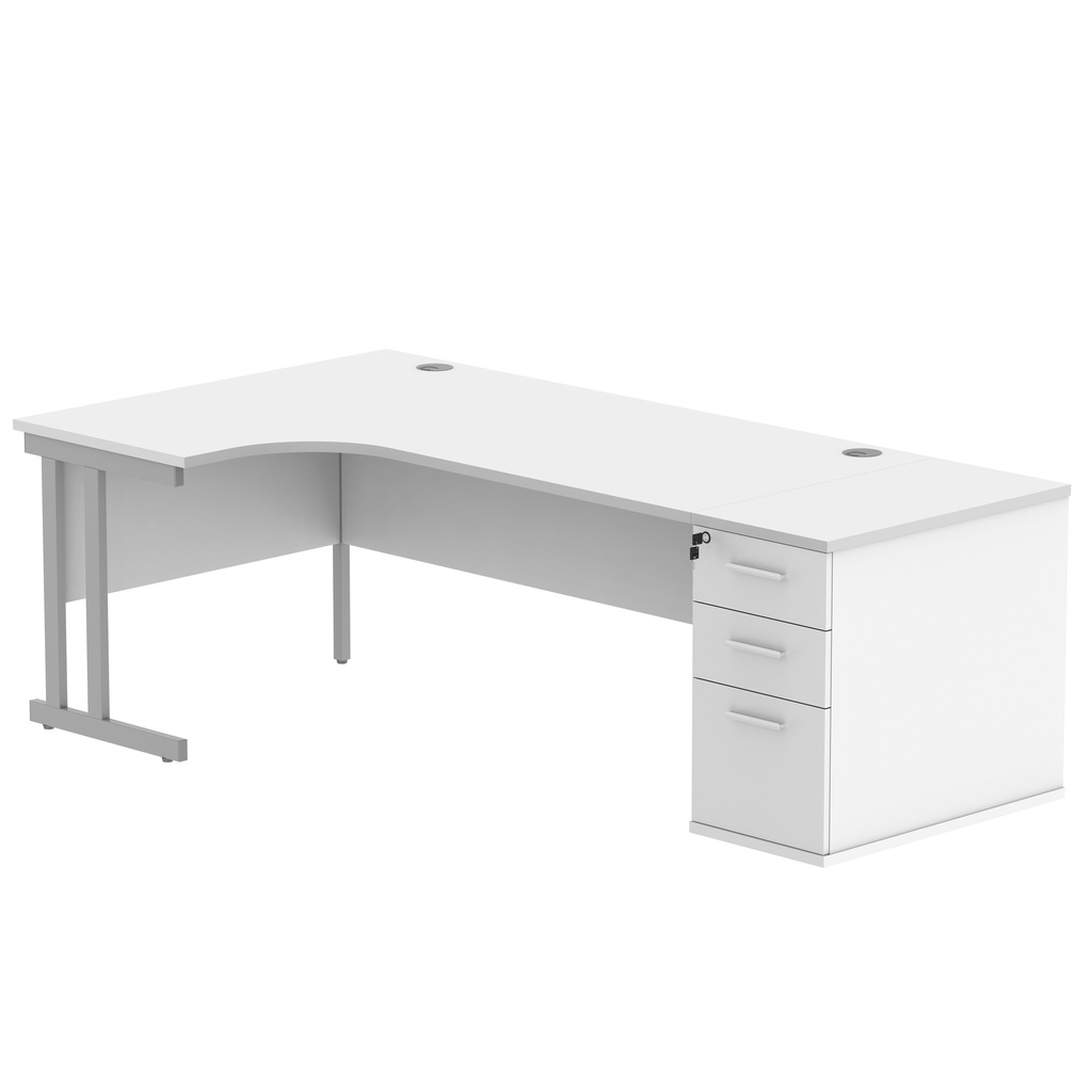 Double Upright Left Hand Radial Desk + Desk High Pedestal (FSC) | 800mm Deep Pedestal | 1800X1200 | Arctic White/Silver
