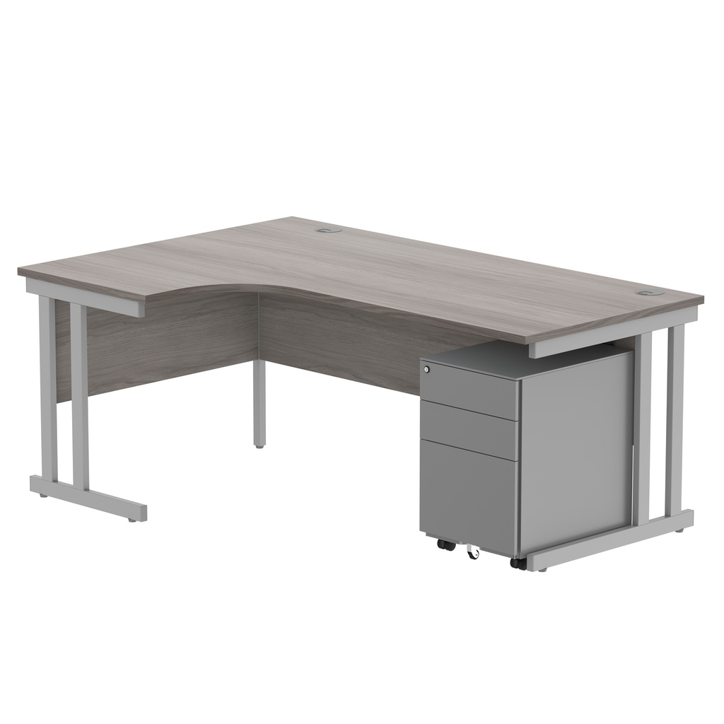Double Upright Left Hand Radial Desk + Under Desk Steel Pedestal 3 Drawers (FSC) | 1800X1200 | Alaskan Grey Oak/Silver