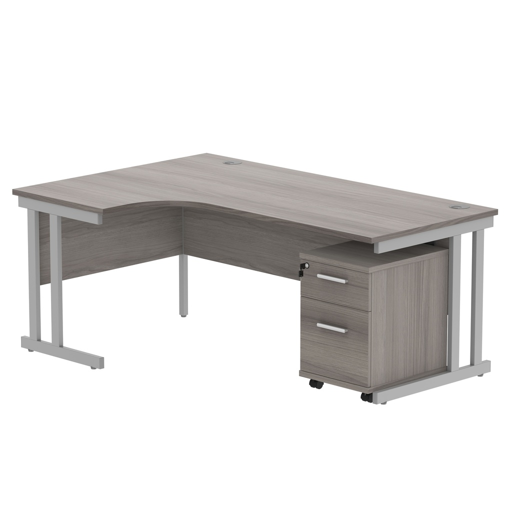 Double Upright Left Hand Radial Desk + 2 Drawer Mobile Under Desk Pedestal (FSC) | 1800X1200 | Alaskan Grey Oak/Silver