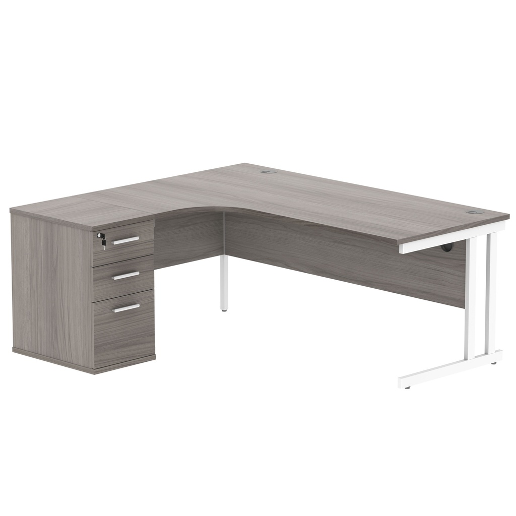 Double Upright Left Hand Radial Desk + Desk High Pedestal (FSC) | 600mm Deep Pedestal | 1800X1200 | Alaskan Grey Oak/White