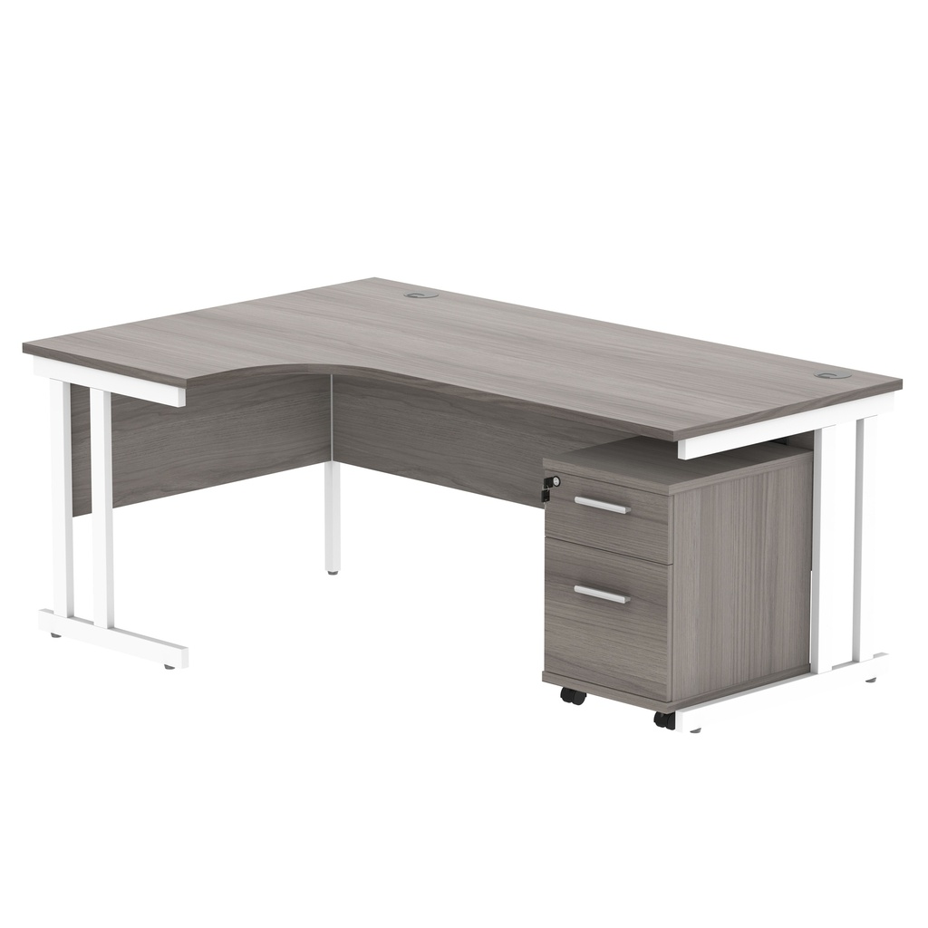 Double Upright Left Hand Radial Desk + 2 Drawer Mobile Under Desk Pedestal (FSC) | 1800X1200 | Alaskan Grey Oak/White