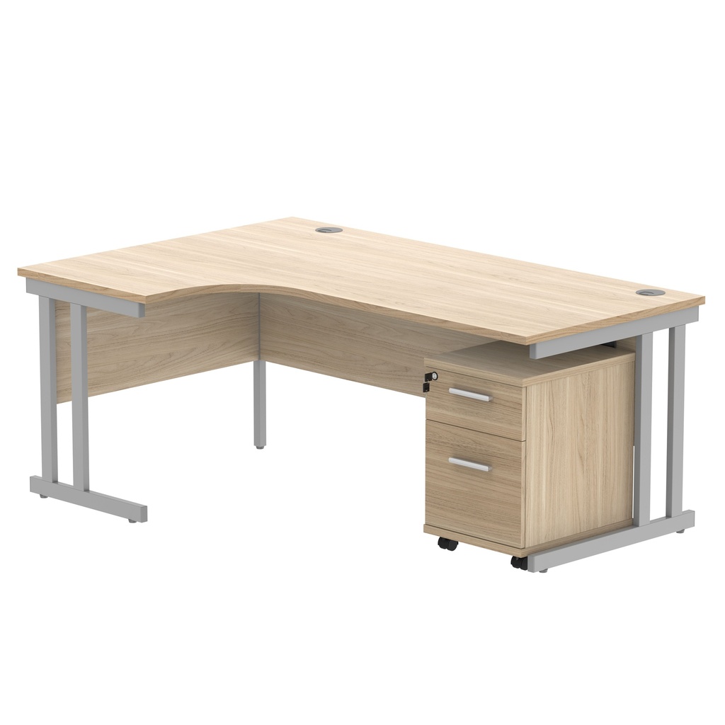 Double Upright Left Hand Radial Desk + 2 Drawer Mobile Under Desk Pedestal (FSC) | 1800X1200 | Canadian Oak/Silver