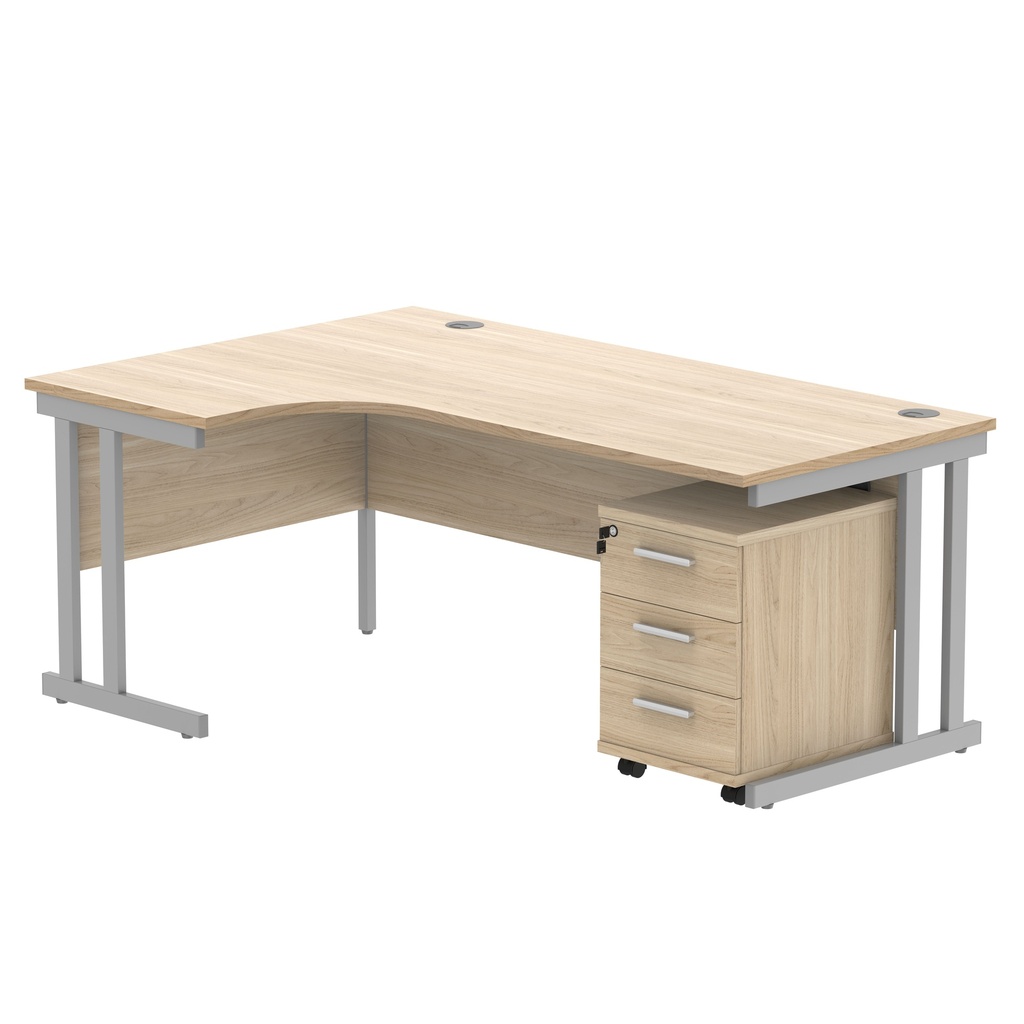Double Upright Left Hand Radial Desk + 3 Drawer Mobile Under Desk Pedestal (FSC) | 1800X1200 | Canadian Oak/Silver