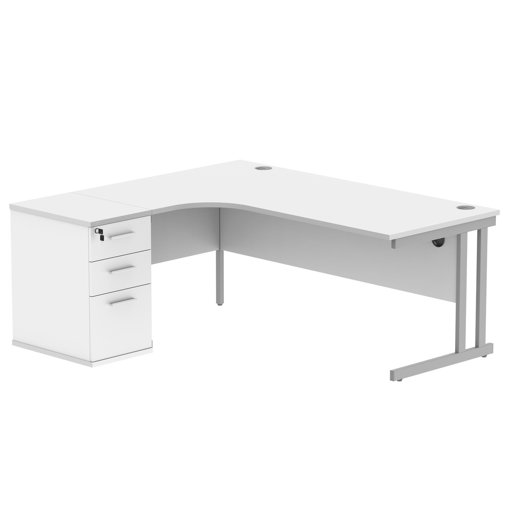 Double Upright Left Hand Radial Desk + Desk High Pedestal (FSC) | 600mm Deep Pedestal | 1800X1200 | Arctic White/Silver