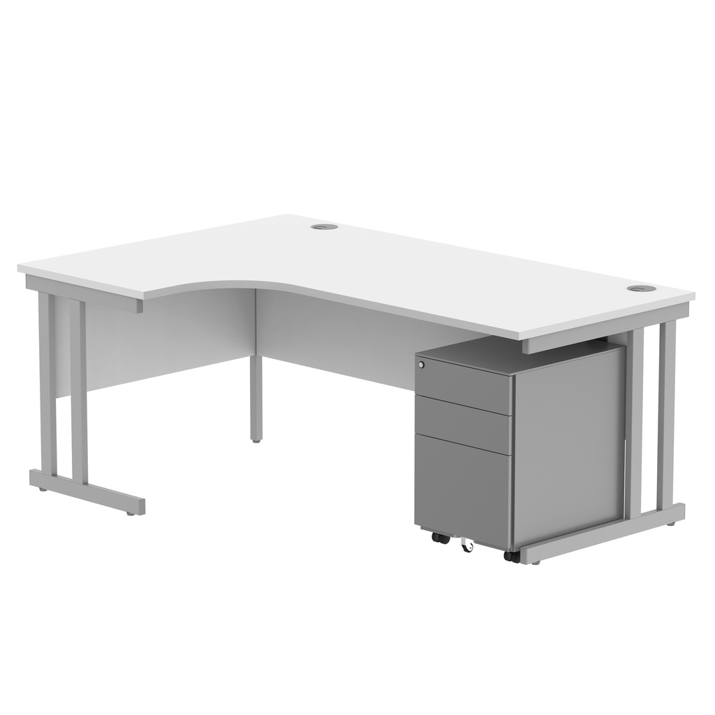 Double Upright Left Hand Radial Desk + Under Desk Steel Pedestal 3 Drawers (FSC) | 1800X1200 | Arctic White/Silver