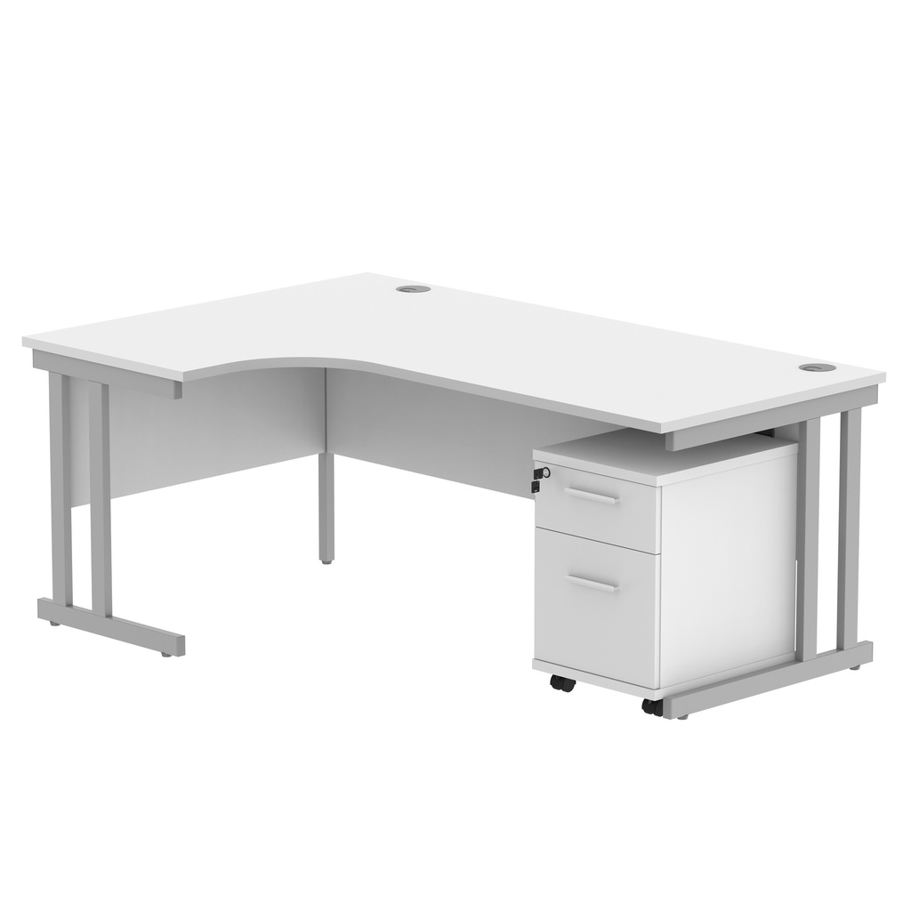 Double Upright Left Hand Radial Desk + 2 Drawer Mobile Under Desk Pedestal (FSC) | 1800X1200 | Arctic White/Silver
