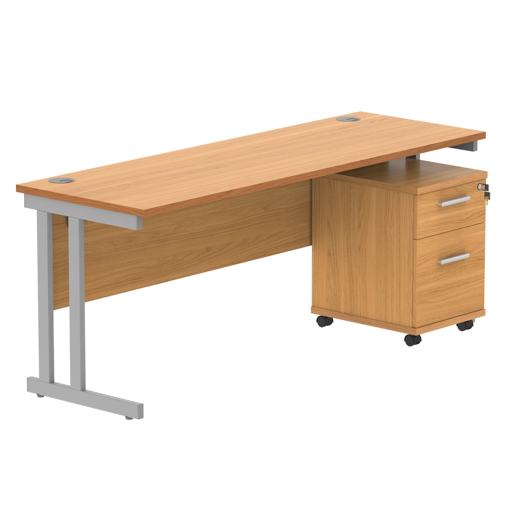 Double Upright Rectangular Desk + 2 Drawer Mobile Under Desk Pedestal (FSC) | 1800X600 | Norwegian Beech/Silver