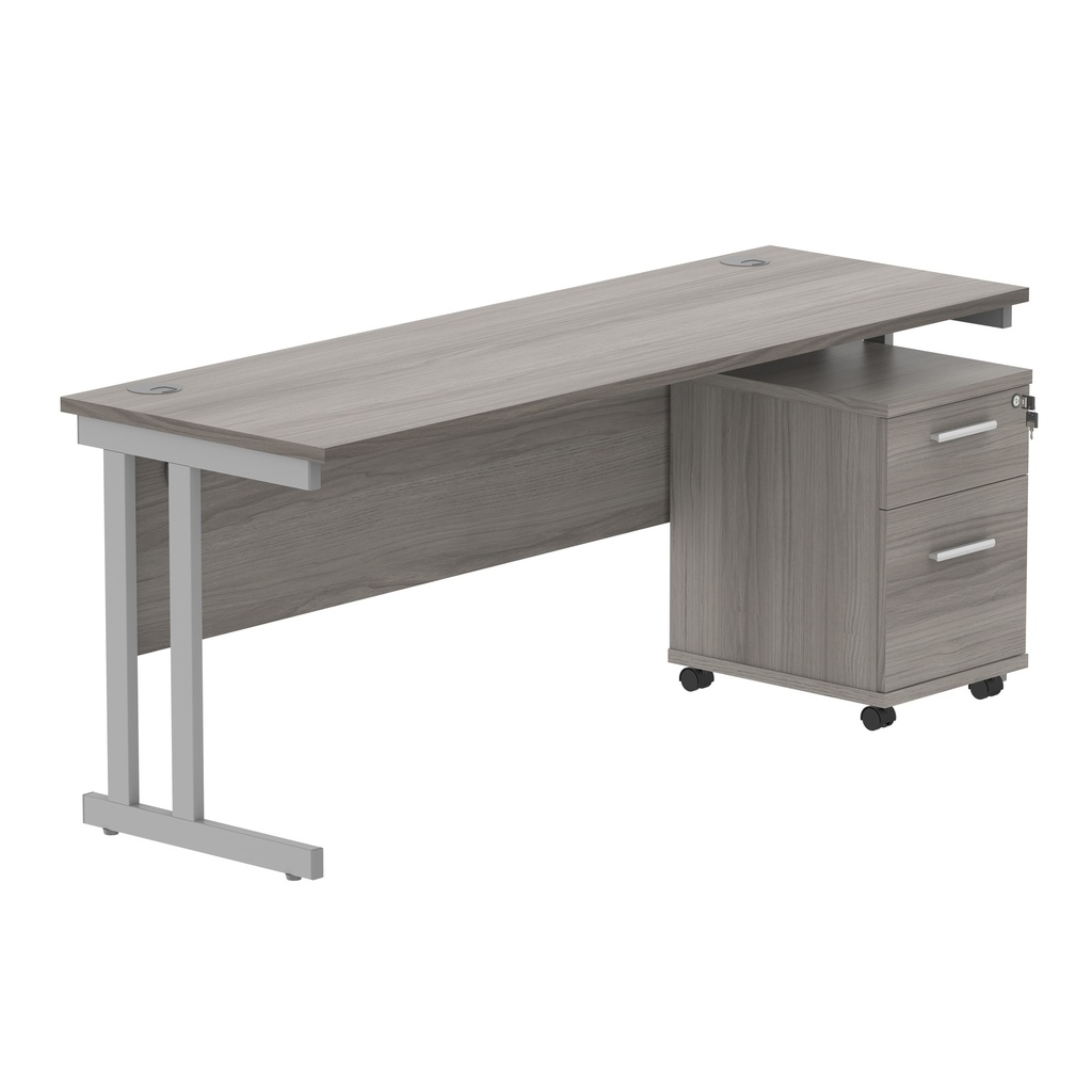 Double Upright Rectangular Desk + 2 Drawer Mobile Under Desk Pedestal (FSC) | 1800X600 | Alaskan Grey Oak/Silver