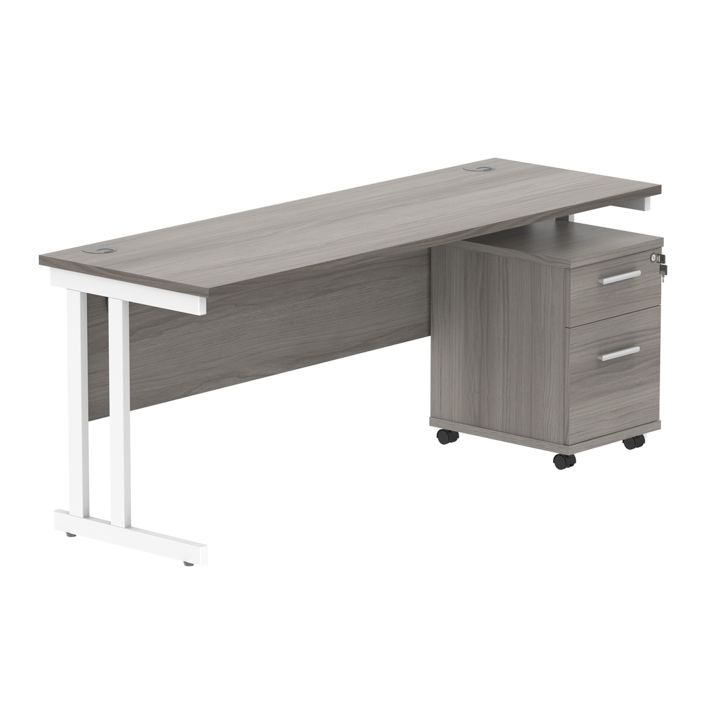 Double Upright Rectangular Desk + 2 Drawer Mobile Under Desk Pedestal (FSC) | 1800X600 | Alaskan Grey Oak/White