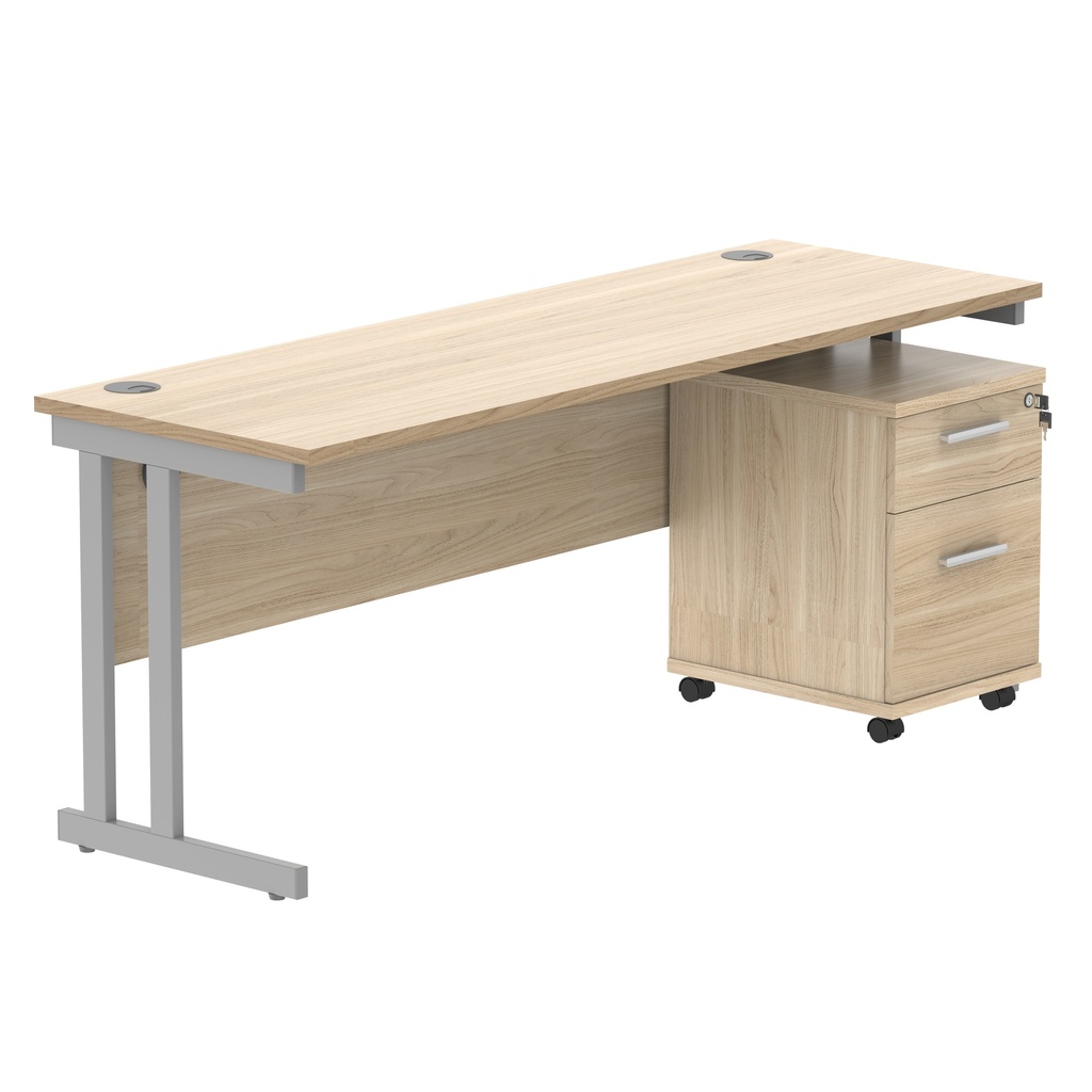 Double Upright Rectangular Desk + 2 Drawer Mobile Under Desk Pedestal (FSC) | 1800X600 | Canadian Oak/Silver